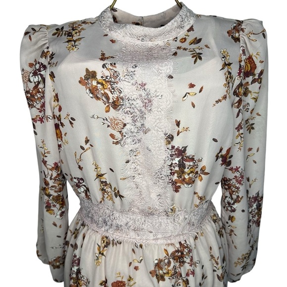 Hi-Neck Floral Cottagecore Midi Dress Lace Floral Pink Mauve Woman - Size S - Picture 4 of 10